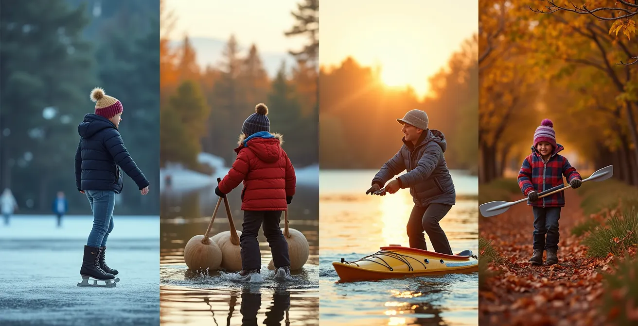 Collage visuel montrant quatre activités saisonnières québécoises remplaçant le temps d'écran