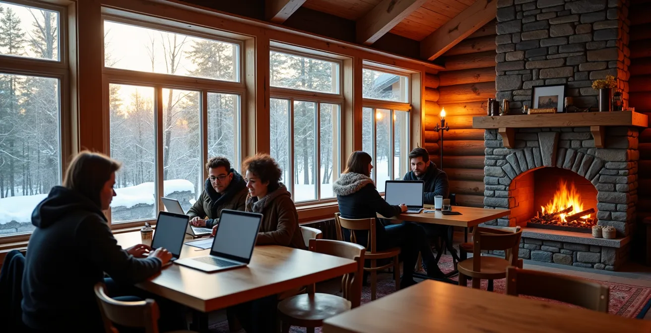 Chalet québécois transformé en espace de coworking hivernal avec vue sur forêt enneigée, ordinateurs portables fermés sur tables en bois