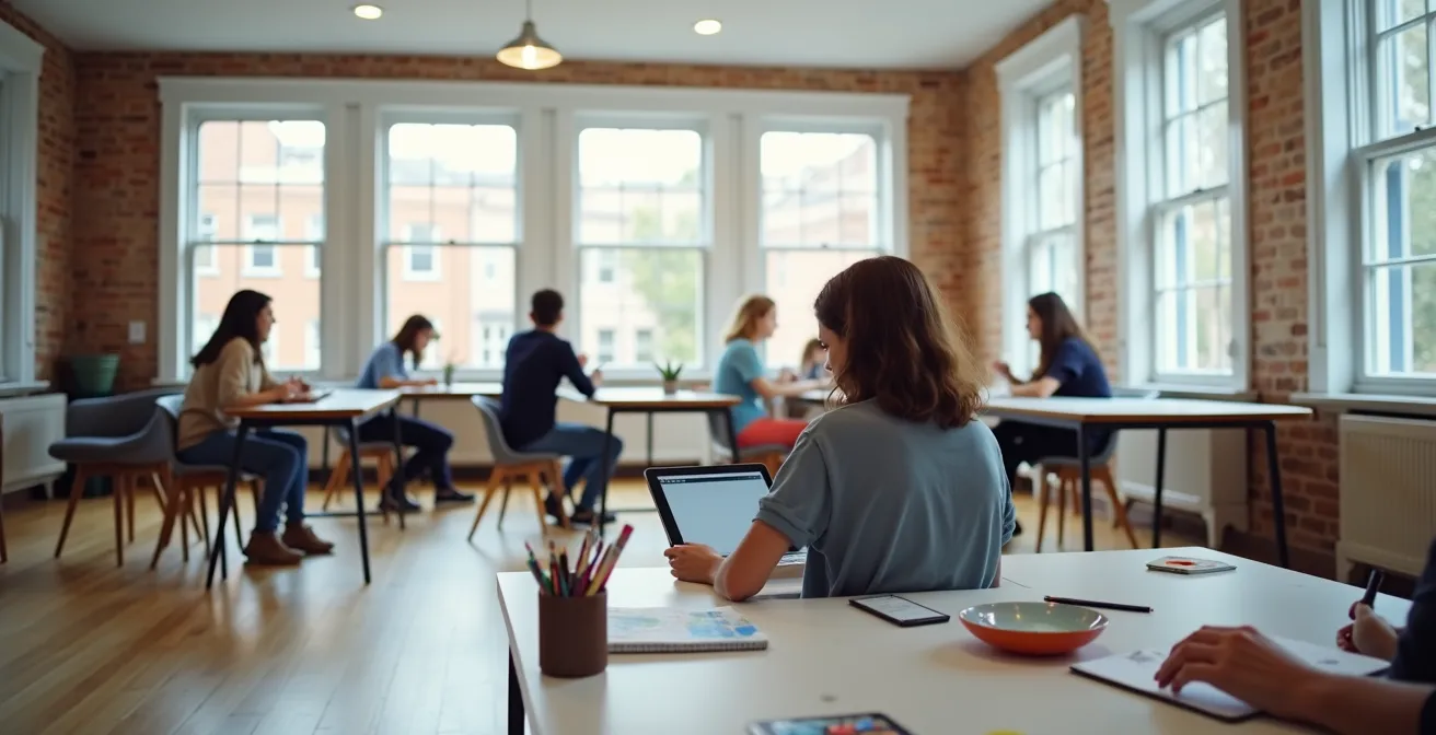 Personne alternant entre un tutoriel en ligne et un atelier d'art communautaire au Québec