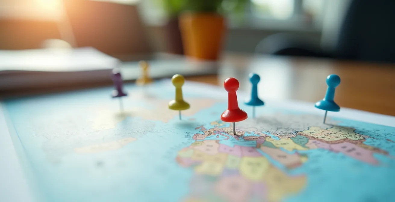 Vue macro d'un calendrier avec des épingles colorées marquant les jours de gratuité dans les musées