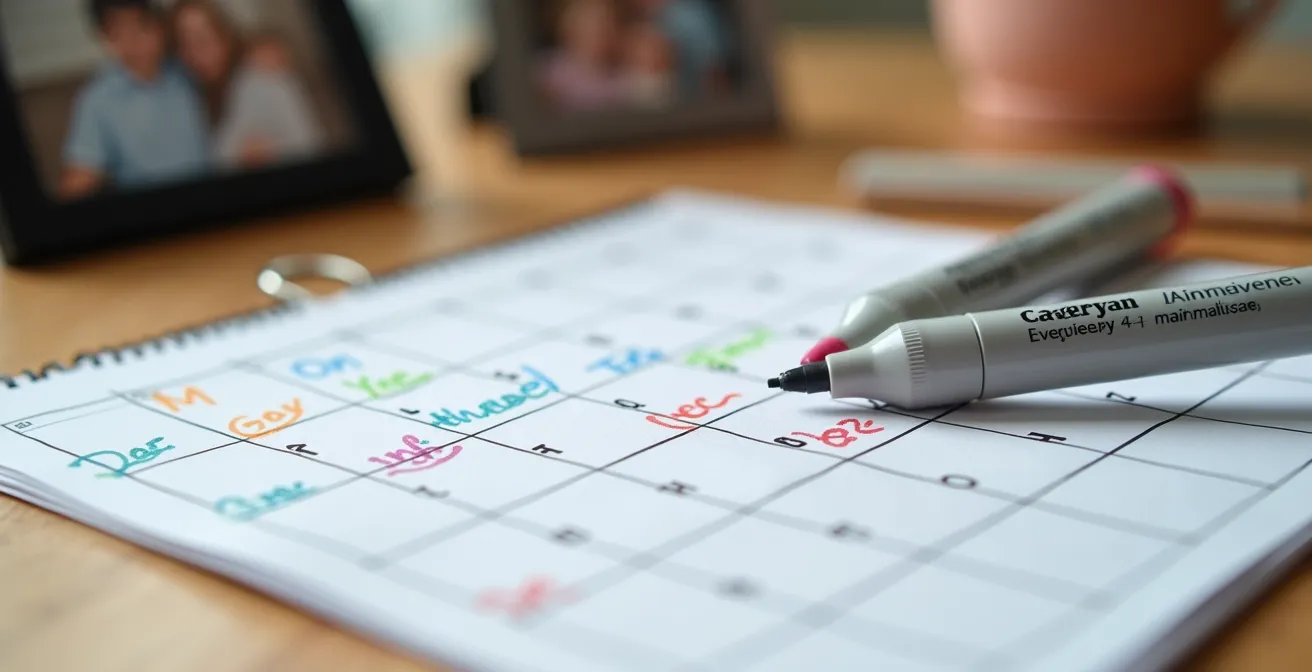 Vue macro d'un calendrier papier avec des marqueurs colorés indiquant différents tests de dépistage