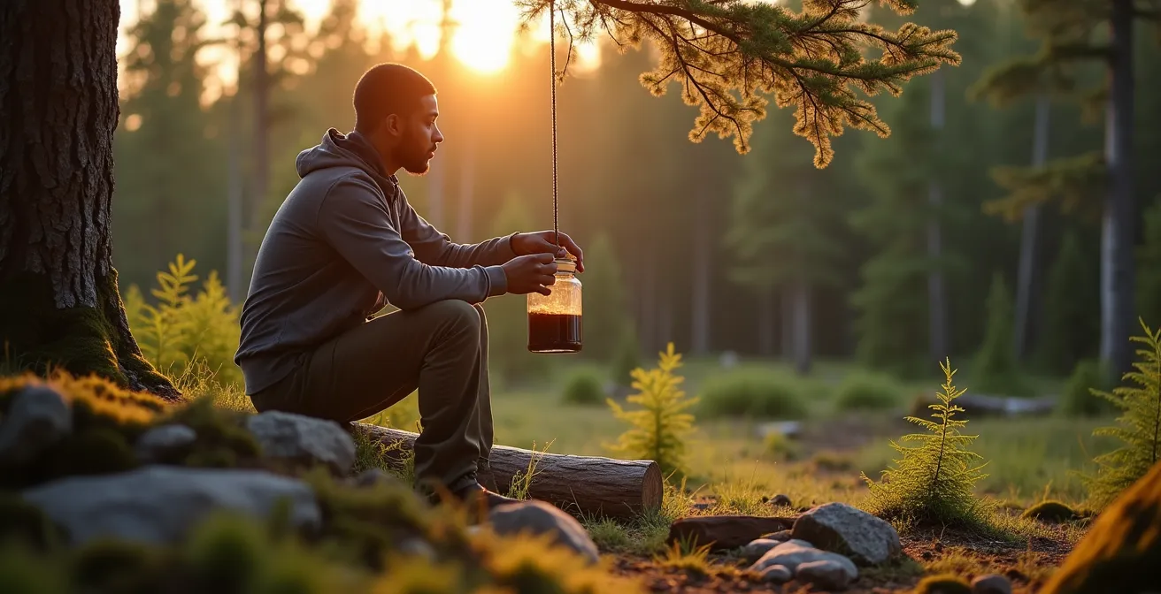 Campeur appliquant les principes Sans trace dans la forêt boréale québécoise