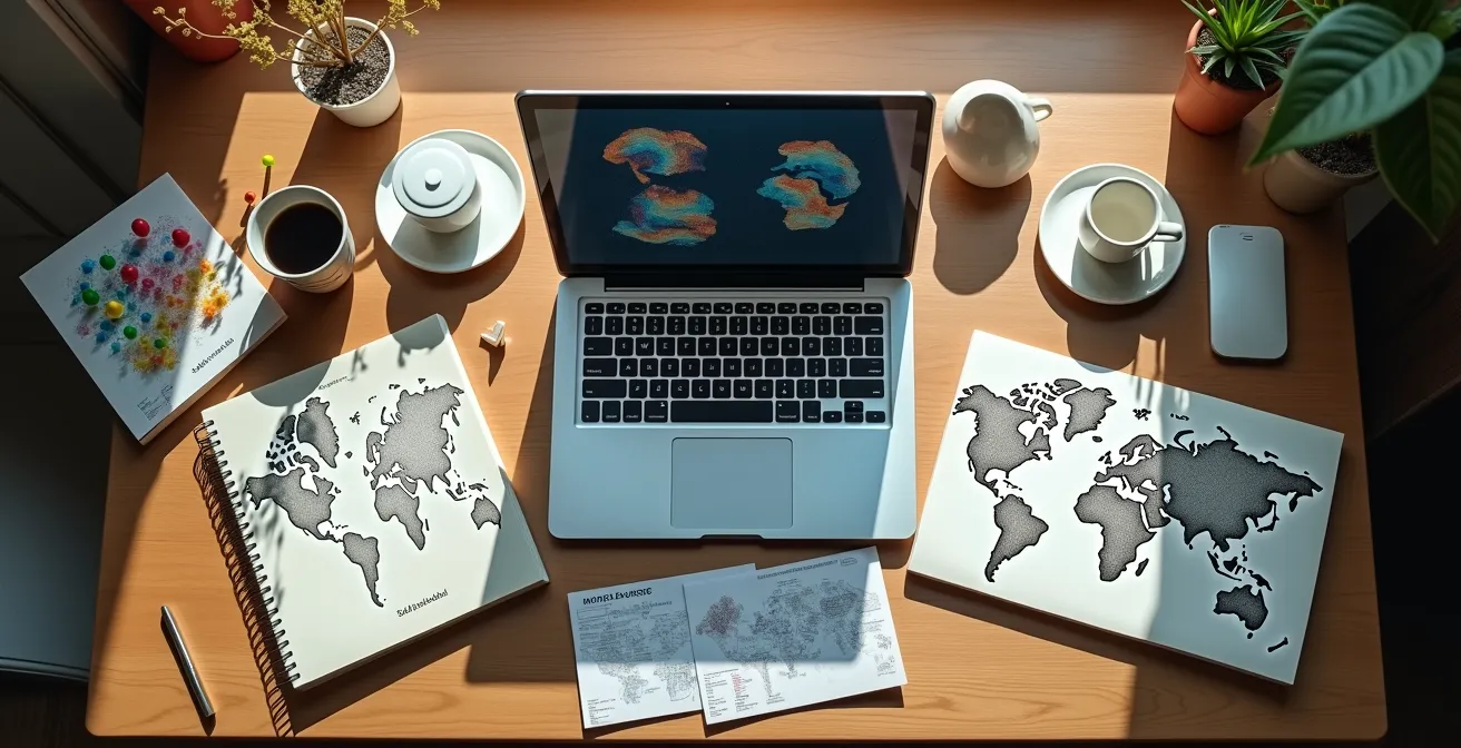 Vue aérienne d'un bureau avec cartes, ordinateur portable et notes de recherche sur les quartiers artistiques