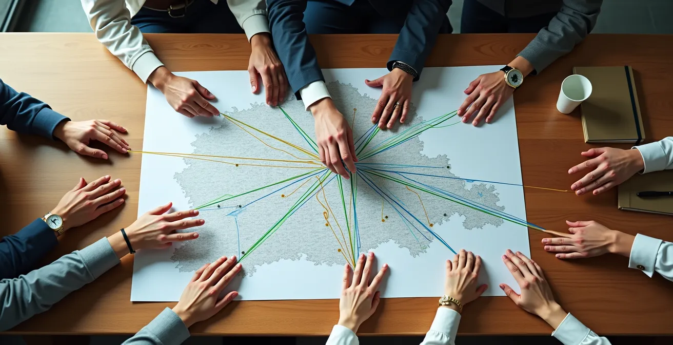 Vue aérienne d'une table de travail avec des cartes mentales et connexions stratégiques