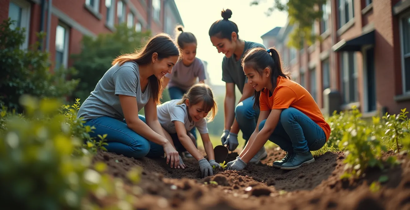 Groupe de voisins créant une ruelle verte dans un quartier résidentiel de Montréal
