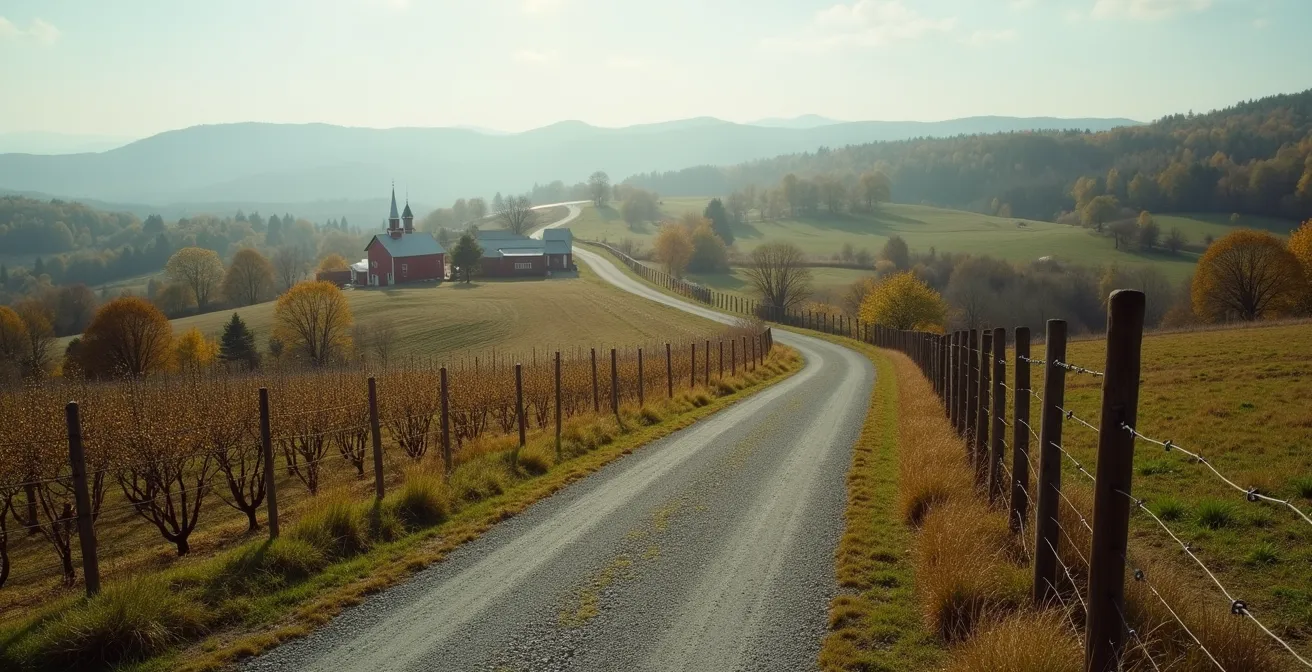 Vue panoramique d'une route sinueuse traversant les collines de Charlevoix avec des fermes et vignobles