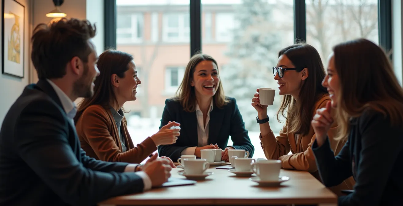 Collègues québécois en discussion informelle autour d'une machine à café dans un espace de pause moderne