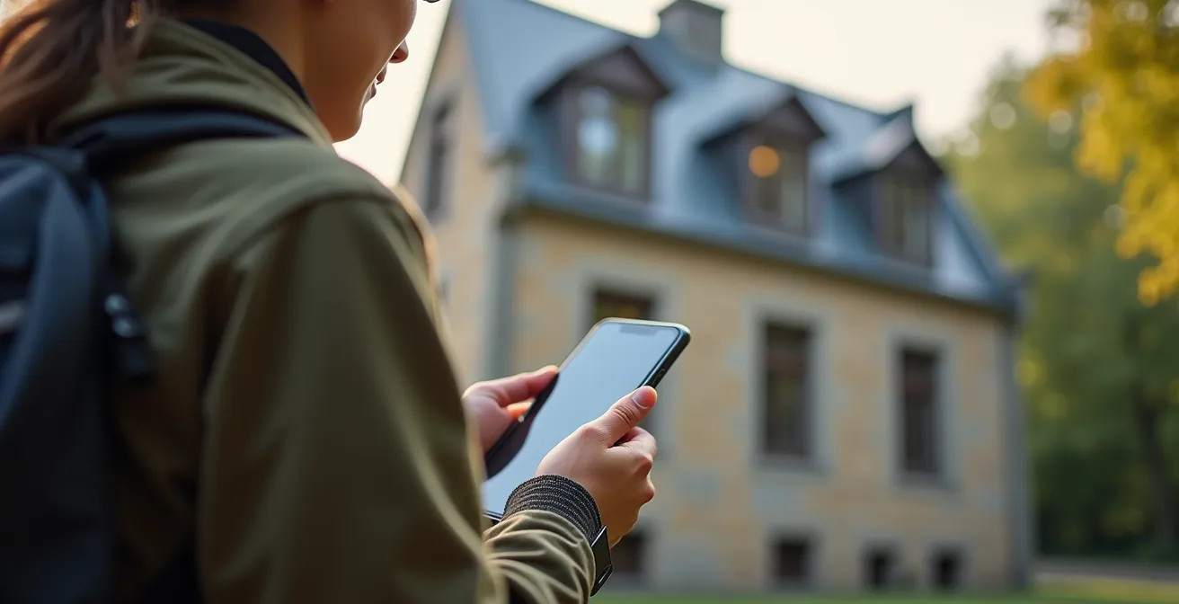 Personne tenant un smartphone devant un bâtiment historique en pierre du Québec avec des outils de recherche patrimoniaux