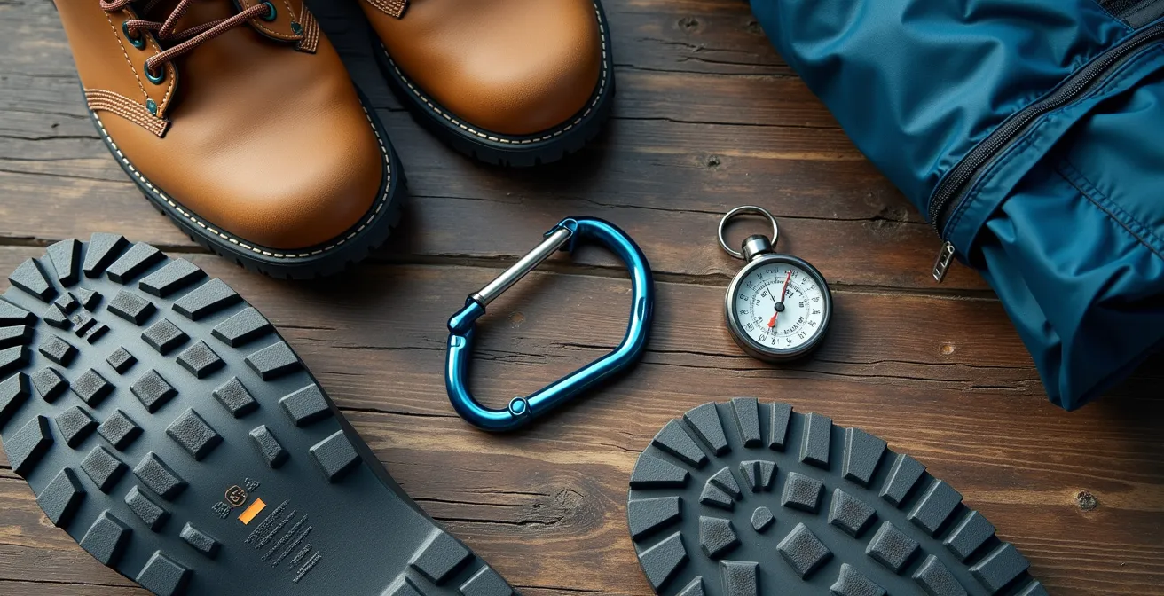 Vue macro détaillée d'équipement de randonnée essentiel disposé sur une surface de bois naturel