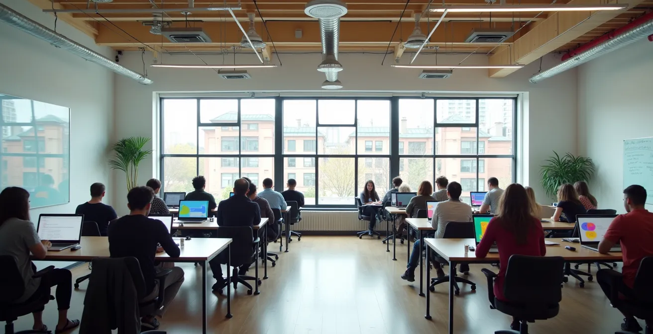 Étudiants travaillant en équipe dans un espace de formation bootcamp moderne à Montréal