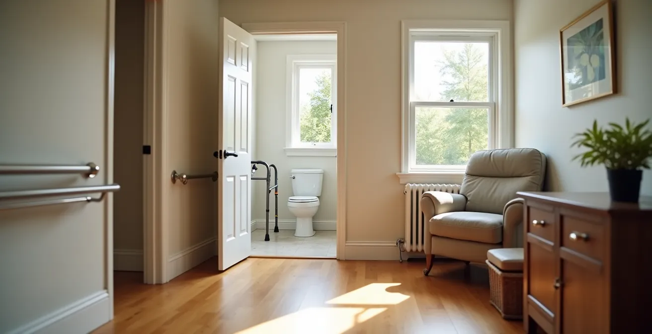 Intérieur d'une maison québécoise adaptée pour une personne âgée avec équipements de sécurité