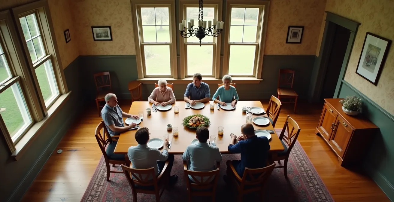 Rassemblement familial multigénérationnel dans une maison québécoise traditionnelle