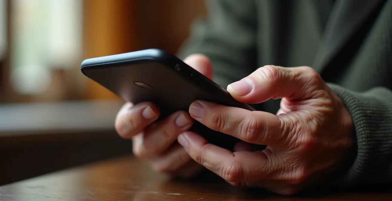 Macro photo de mains âgées tenant un smartphone flou, symbolisant la difficulté d'accès aux services numériques