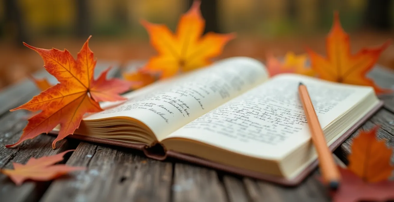 Gros plan sur un carnet ouvert avec un crayon posé, entouré de feuilles d'érable sur une table en bois naturel