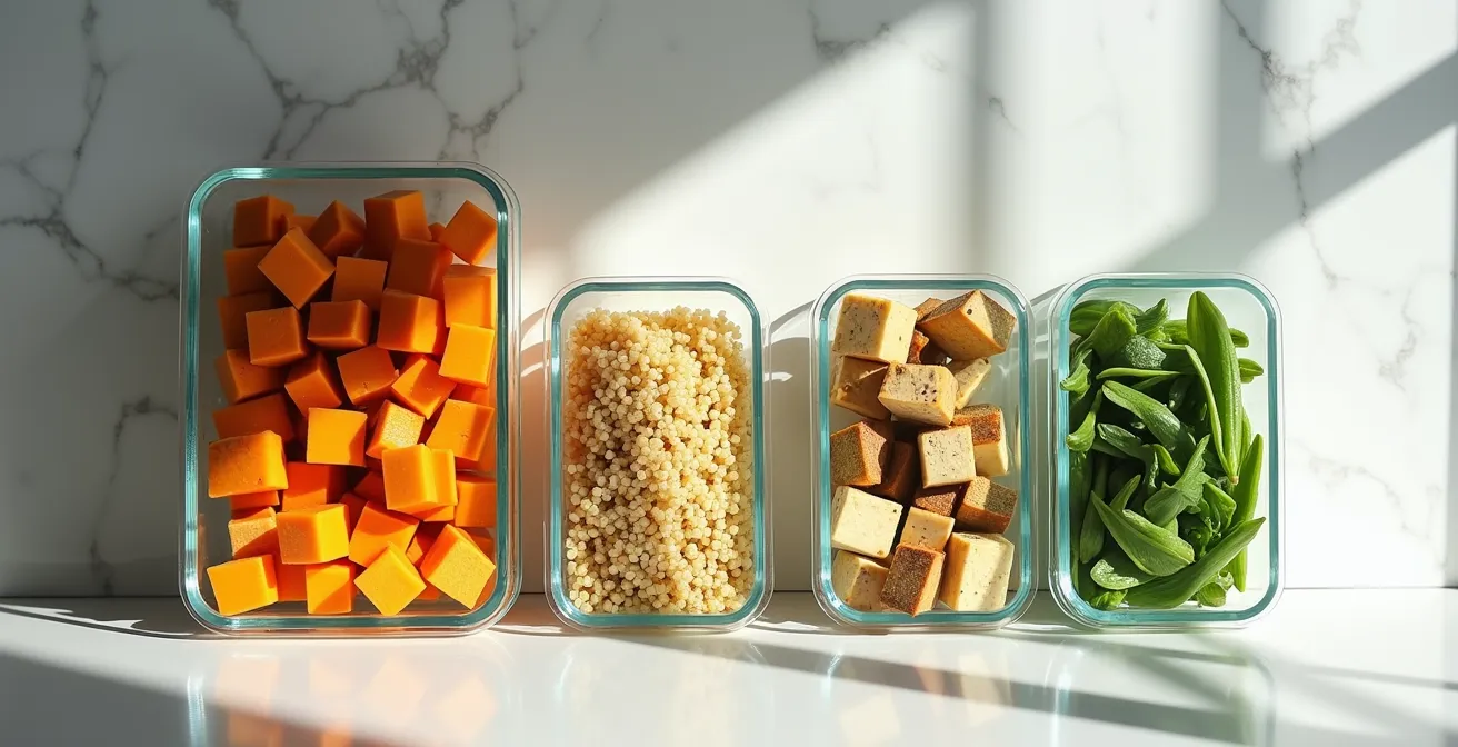 Contenants de verre alignés avec différents composants de repas préparés pour la semaine