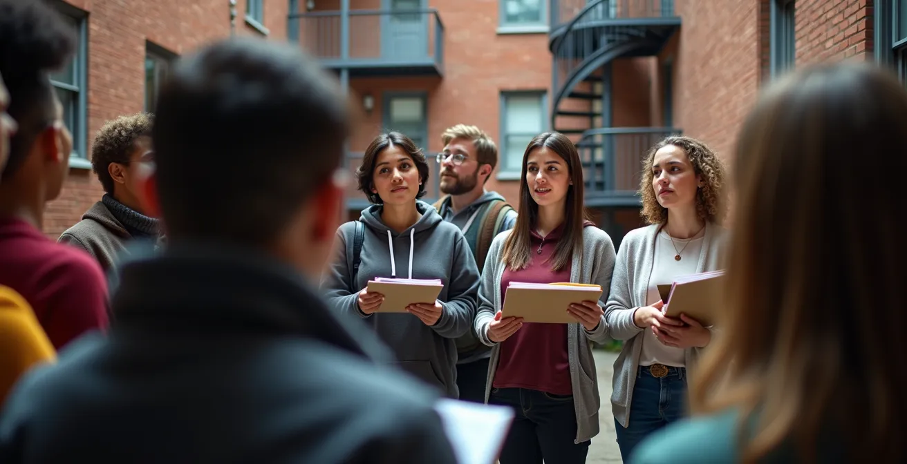 Groupe de locataires diversifiés réunis dans une cour intérieure d'immeuble montréalais pour s'organiser