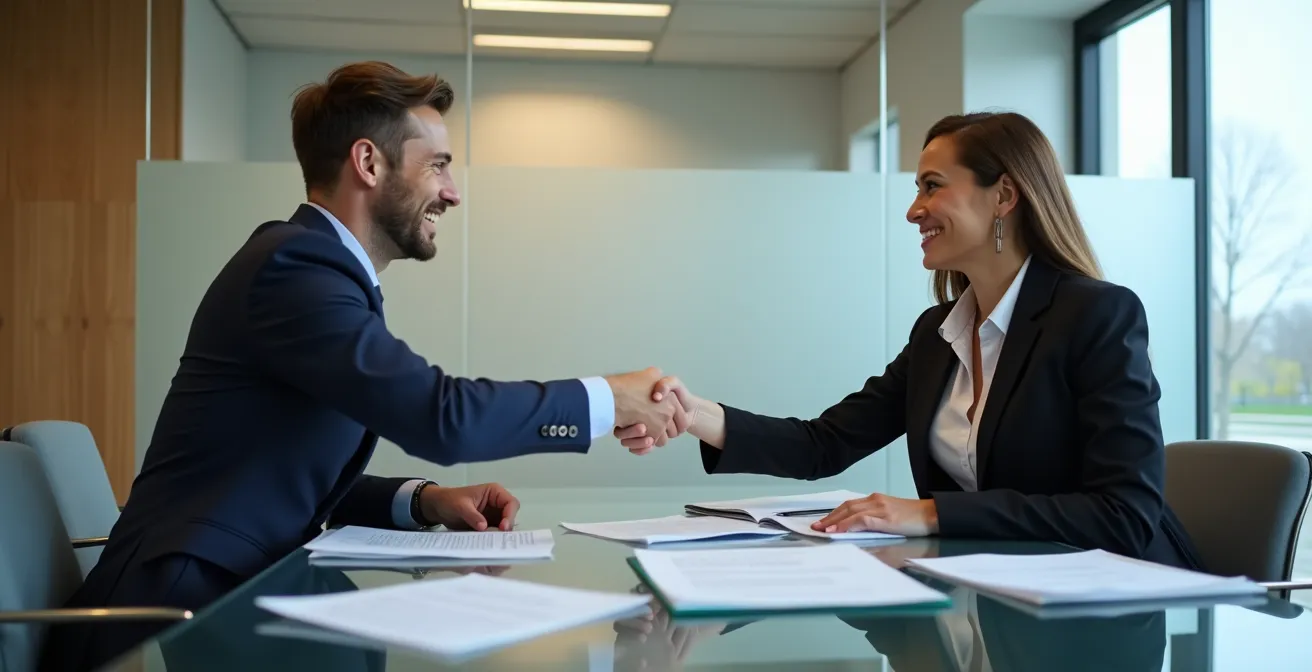 Rencontre professionnelle entre un conseiller bancaire et un client dans un bureau moderne au Québec