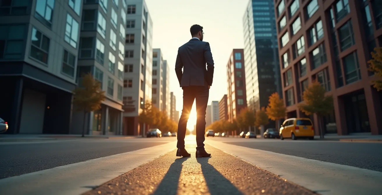 Professionnel québécois en réflexion devant deux chemins symboliques représentant les choix de carrière