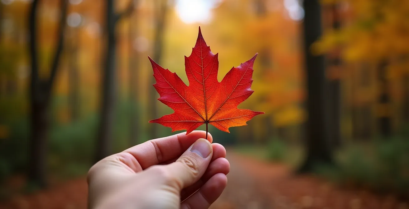 Gros plan sur une main tenant une feuille d'érable rouge avec arrière-plan flou de forêt automnale