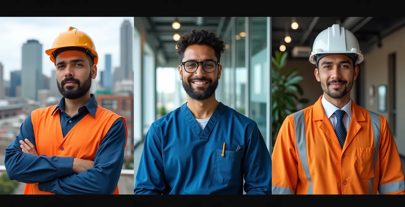 Montage photographique montrant trois professionnels immigrants dans leur environnement de travail au Québec