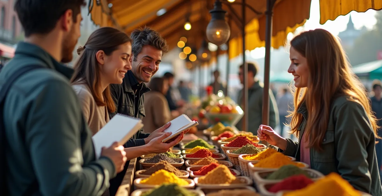 Famille québécoise explorant le marché Jean-Talon avec un carnet d'observation