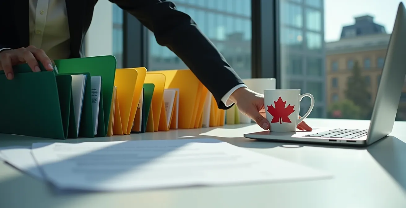 Bureau de conseiller Services Québec avec documents de demande de financement et ordinateur portable montrant des graphiques