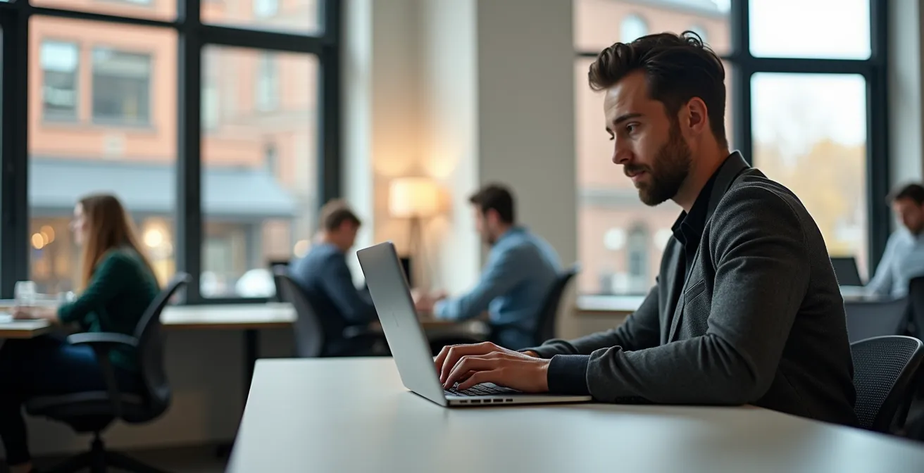 Personne travaillant sur ordinateur dans un espace de coworking moderne en région québécoise