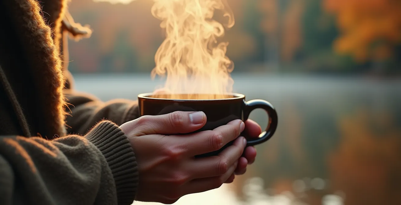 Gros plan sur des mains tenant une tasse de thé fumante avec vue floue sur un lac des Laurentides en arrière-plan