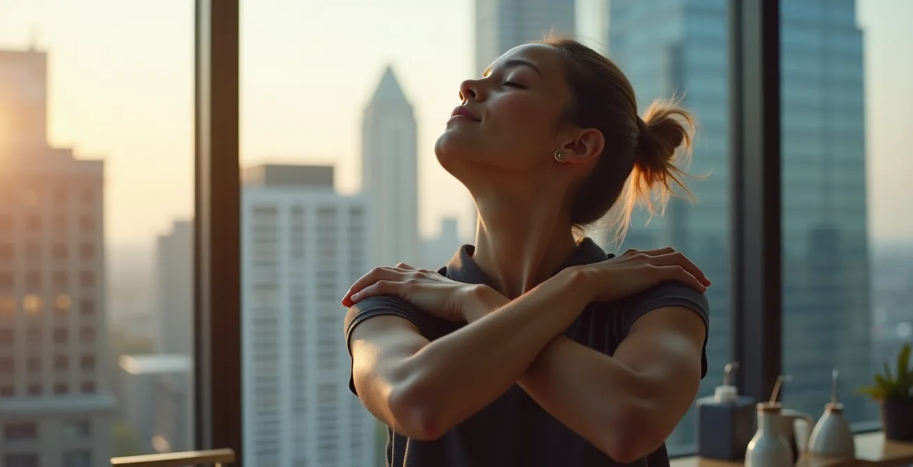 Personne pratiquant des étirements de bureau avec vue sur les gratte-ciels de Montréal en arrière-plan