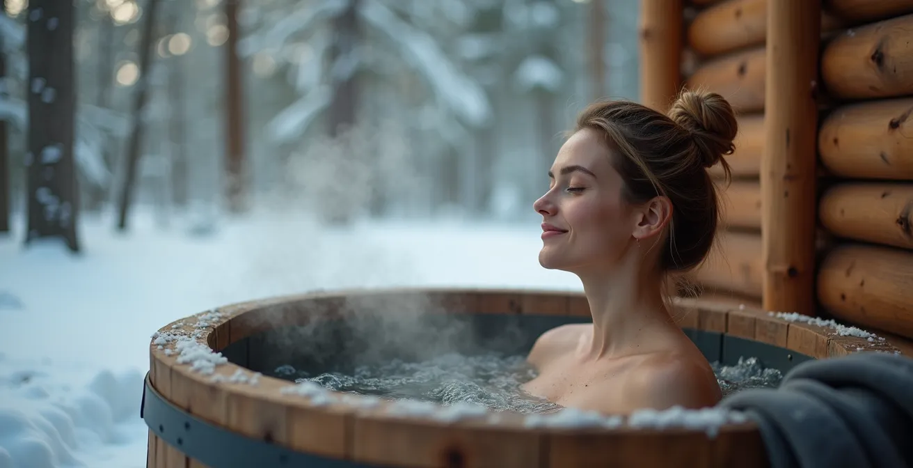 Personne relaxant dans un bain nordique en hiver avec vue sur une forêt enneigée