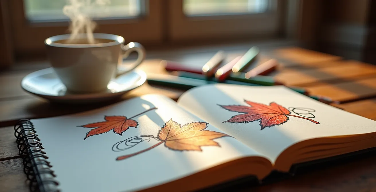 Carnet ouvert avec des croquis de feuilles d'érable et un café sur une table en bois près d'une fenêtre