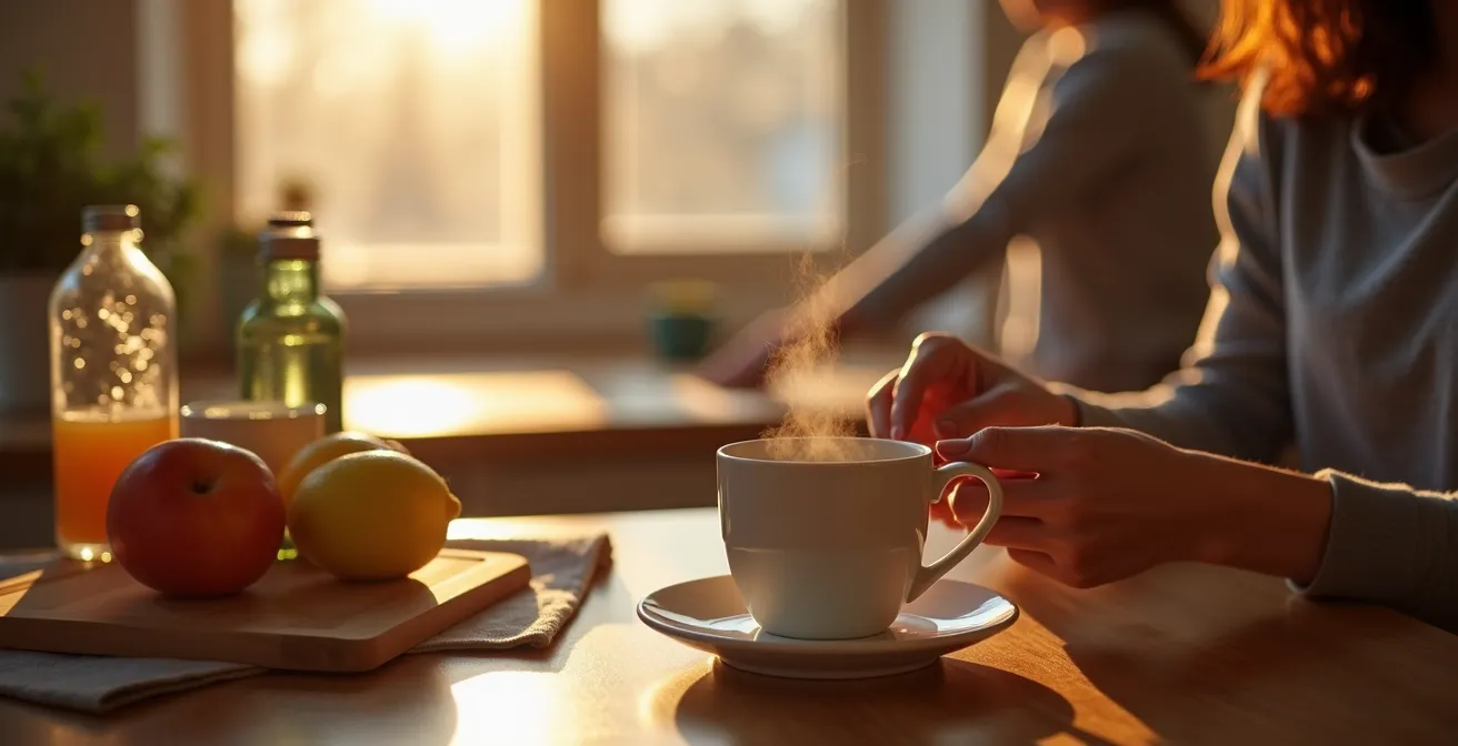 Cuisine québécoise chaleureuse avec lumière matinale dorée et tasse de café fumante