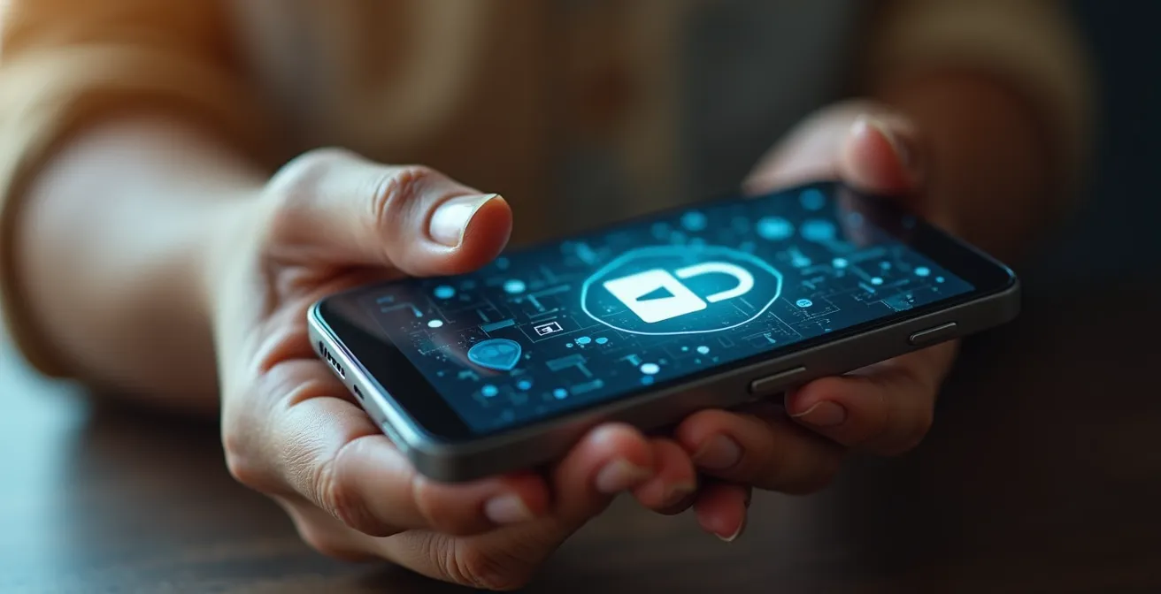 Main tenant un téléphone montrant une notification de sécurité bancaire dans un environnement sécurisé