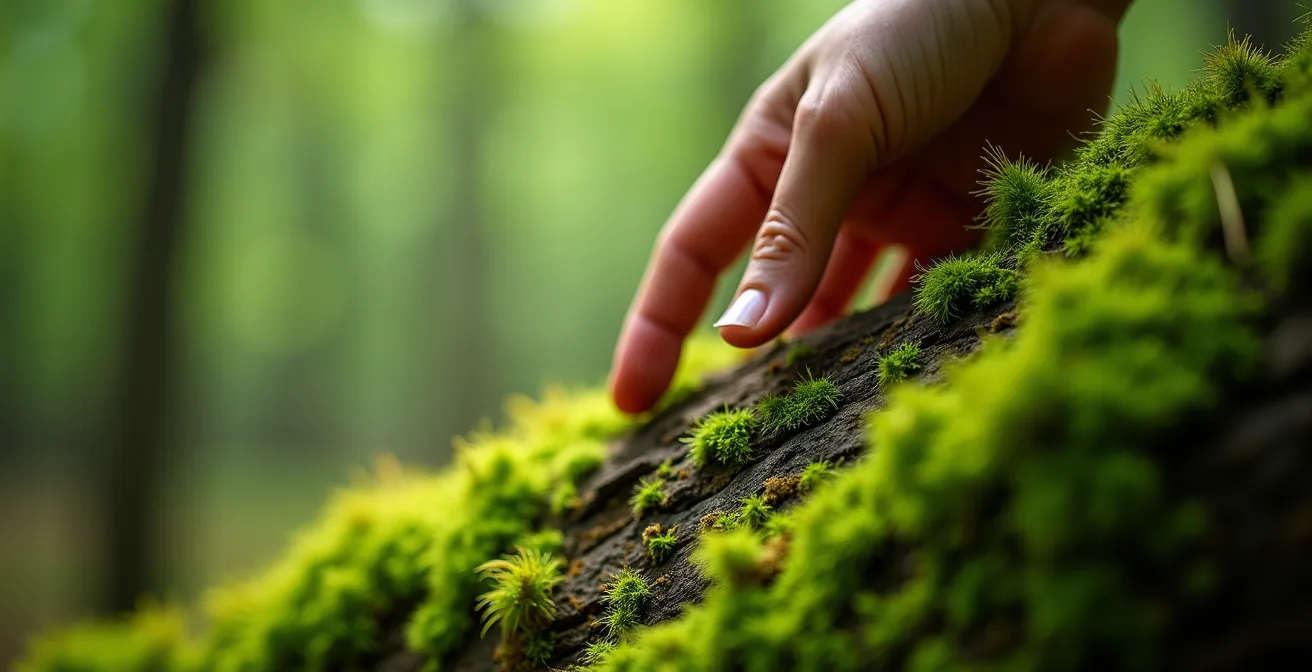 Vue macro d'une main touchant délicatement la mousse sur un tronc d'érable au Mont-Royal
