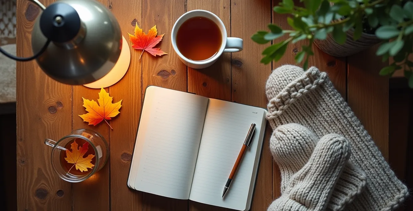Arrangement de matériel de bien-être hivernal incluant lampe de luminothérapie, thé et journal intime