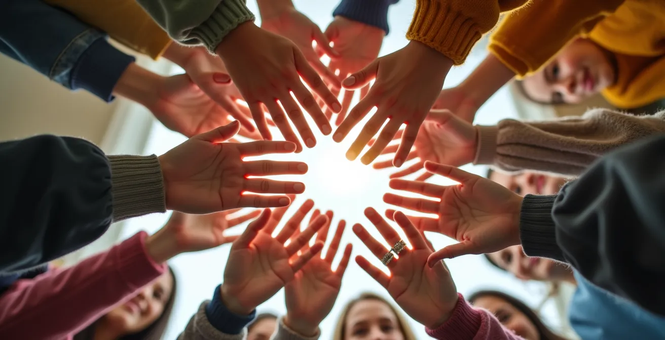 Mains tendues en cercle symbolisant l'entraide et le soutien communautaire