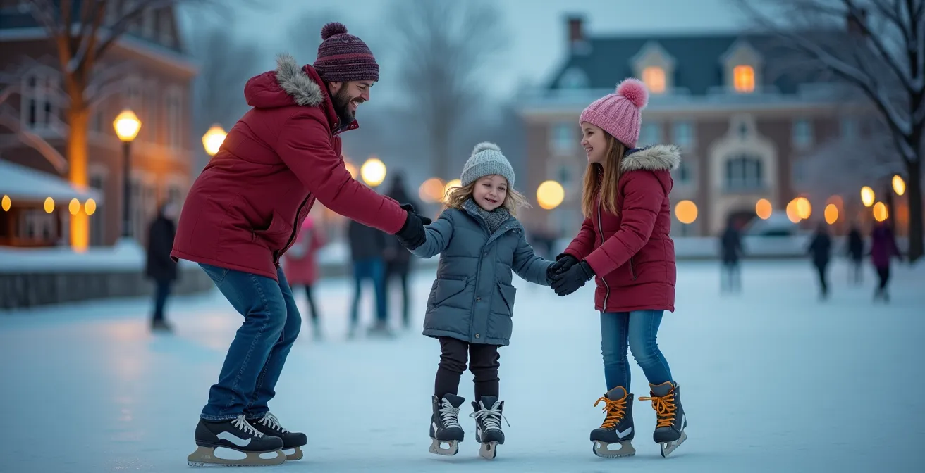 Famille pratiquant le patin sur une patinoire extérieure avec des arbres givrés en arrière-plan, symbolisant la joie des activités hivernales au Québec.