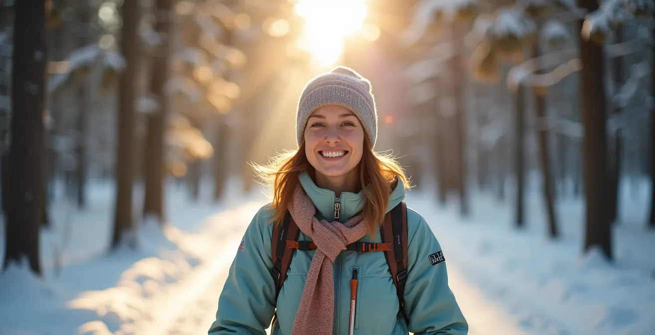 Personne pratiquant le ski de fond dans une forêt québécoise ensoleillée en hiver