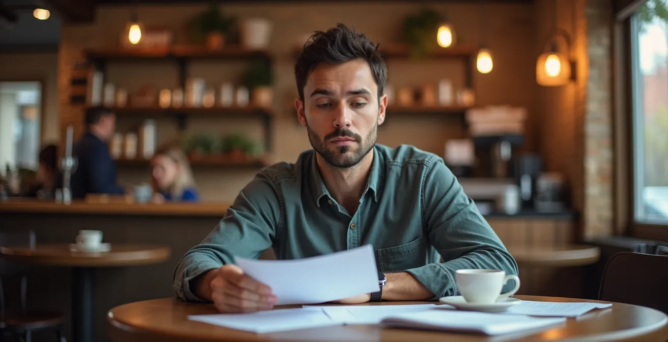 Personne analysant des documents d'offre d'emploi dans un café de Québec