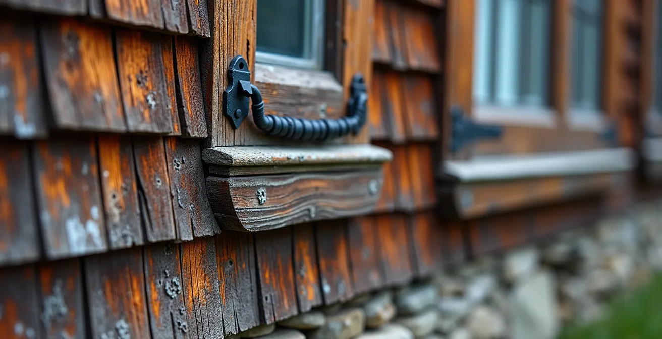 Gros plan sur les détails architecturaux d'une maison québécoise traditionnelle montrant le toit à deux versants et les lucarnes