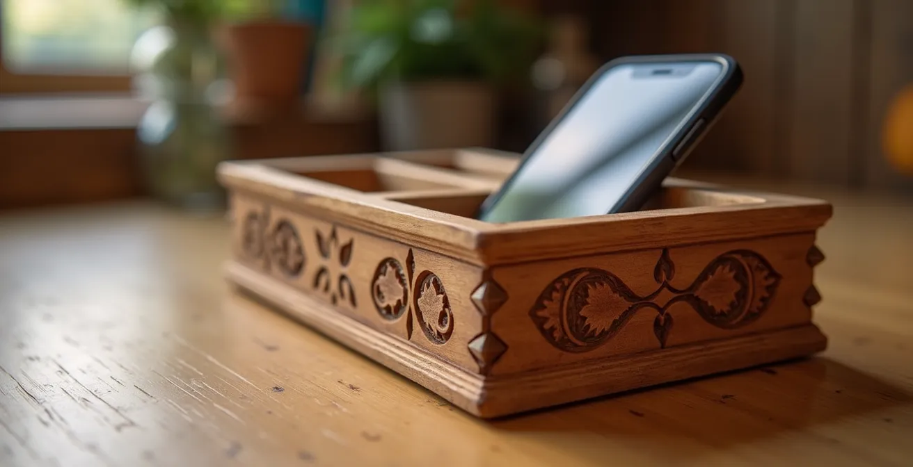 Boîte artisanale en bois d'érable sur comptoir de cuisine québécoise avec détails sculptés traditionnels