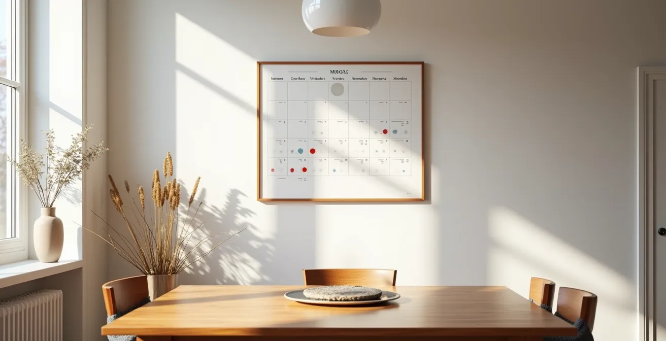 Une famille québécoise planifiant ses sorties culturelles gratuites autour d'un calendrier mural