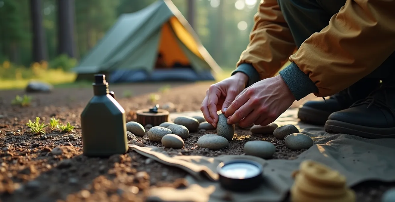 Campement minimaliste dans la forêt boréale québécoise respectant les principes Sans trace