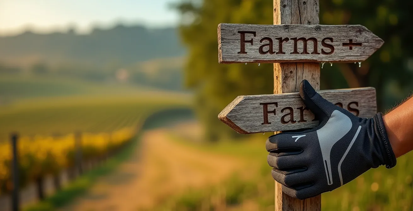 Vue aérienne d'une route cyclable serpentant à travers des vignobles et fermes de Charlevoix avec cyclistes