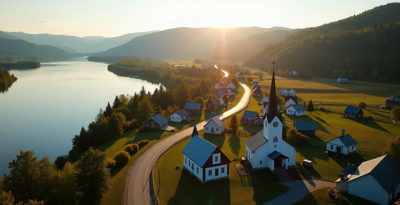 Vue aérienne de la route du fleuve dans Charlevoix montrant les villages patrimoniaux et le paysage côtier