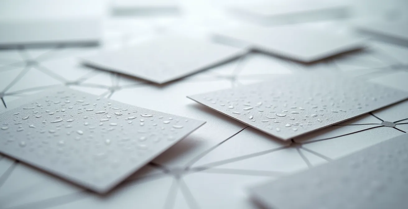 Vue macro de cartes d'affaires interconnectées formant un réseau complexe