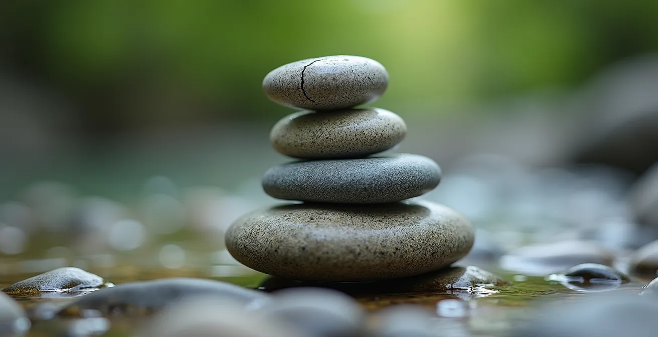 Détail macro de cinq pierres d'équilibre représentant les piliers du bien-être parental