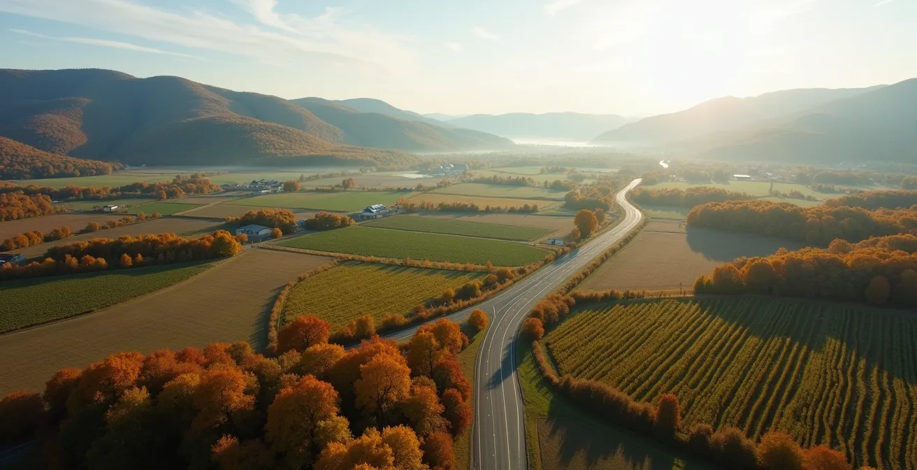 Vue aérienne d'un paysage agricole québécois avec fermes et vergers
