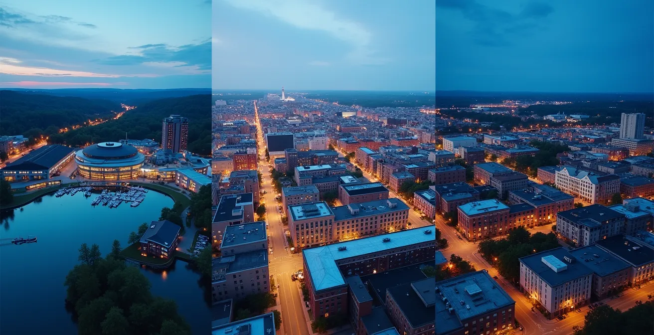 Vue aérienne comparative des centres-villes de Saguenay, Sherbrooke et Rimouski montrant leurs infrastructures culturelles et de services