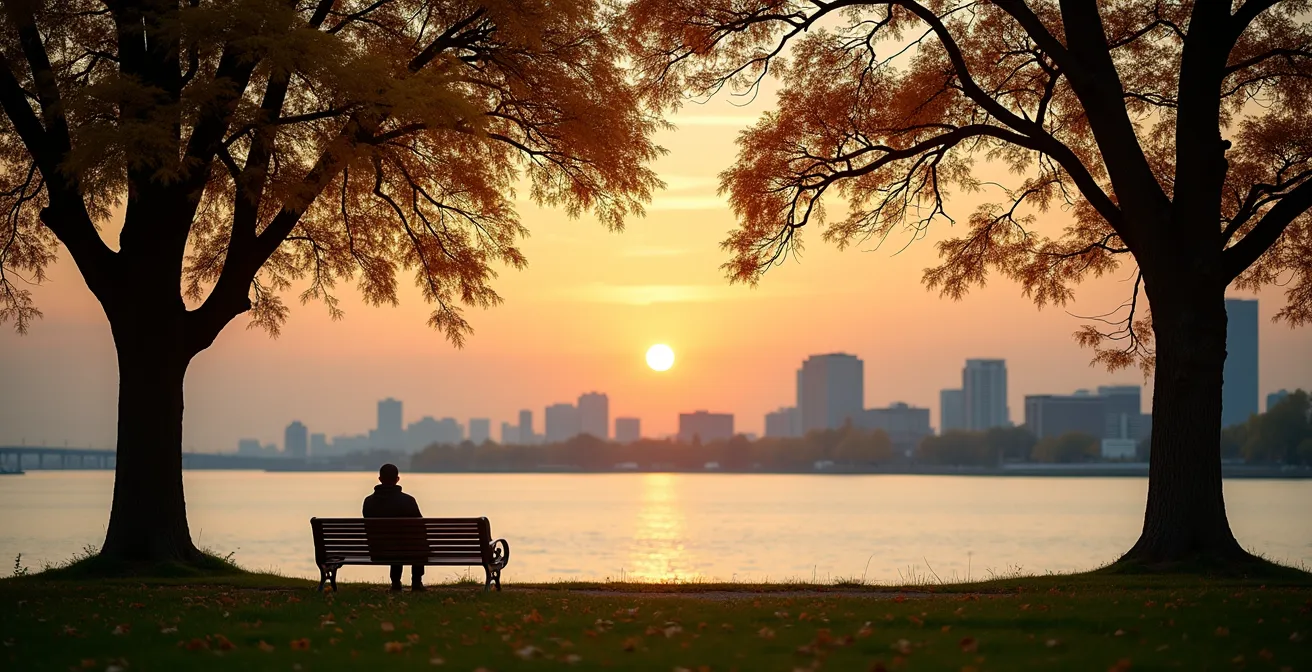 Vue contemplative du fleuve Saint-Laurent depuis un parc urbain de Montréal au coucher du soleil